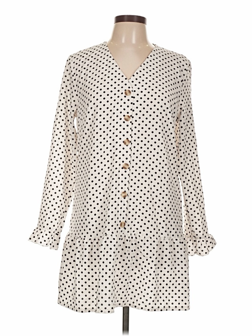 Black & White Polka Dot Button-Front Long Sleeve Dress
